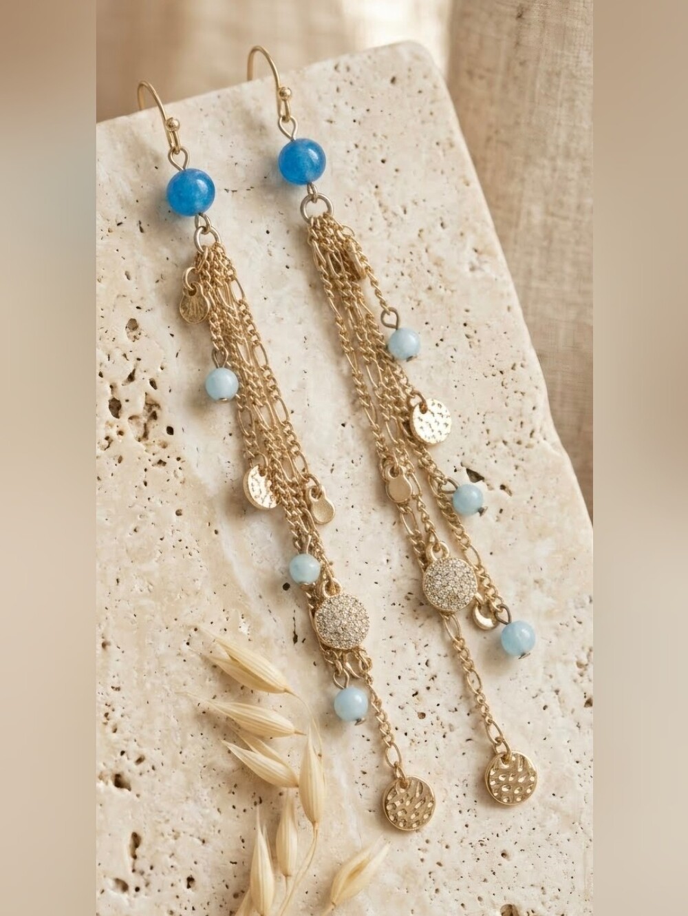 Gold Chain Tassel Earrings with Blue Beads